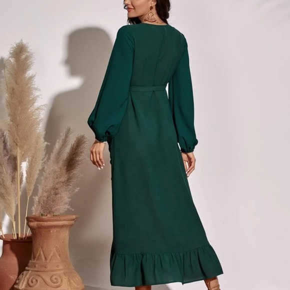Boho ruffle v neck long sleeve midi wrap dress - Picture 5 of 7